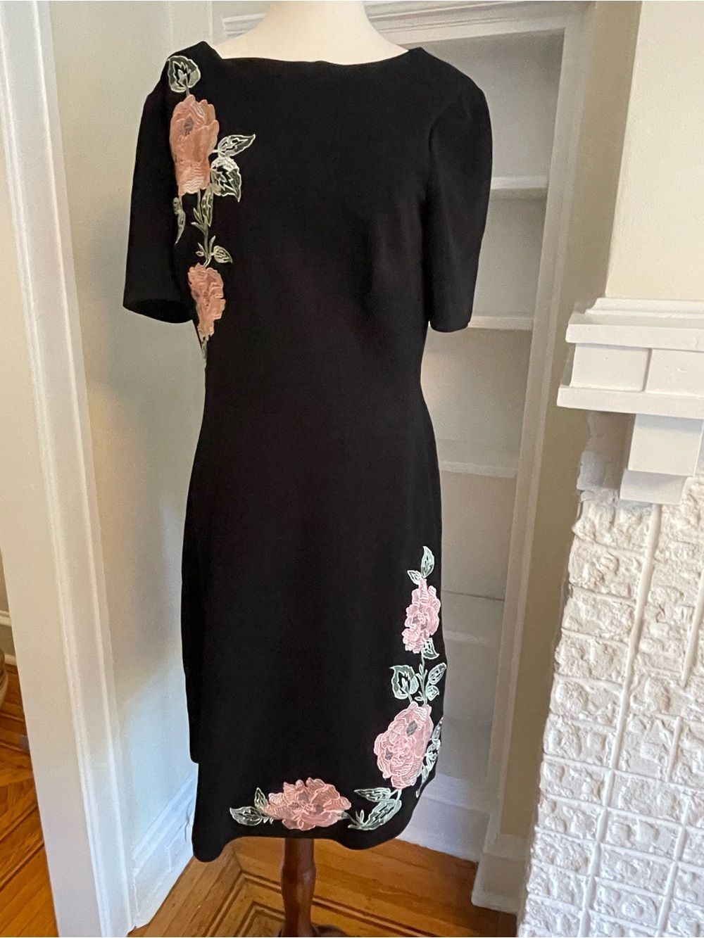 Jax Black Midi Dress with Pink Rose Embroidery. Heavy fabric, lined